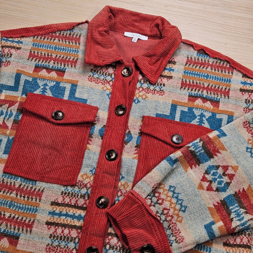Veveret Aztec Corduroy Shacket Trim Women S Shirt Jacket Red Western VJ71882
